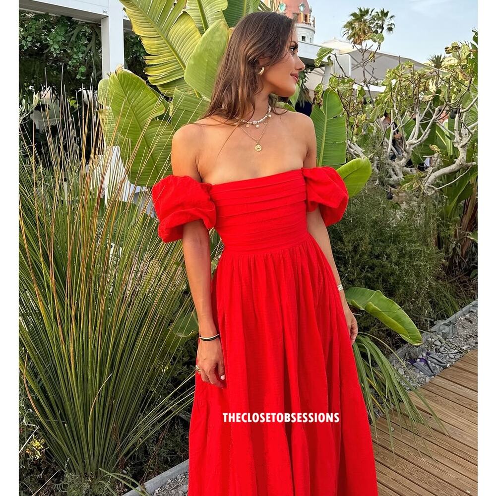 Mango Red Poplin Midi Dress NWT Off Shoulder Puff Sleeve Cotton Size 6 - Picture 7 of 16